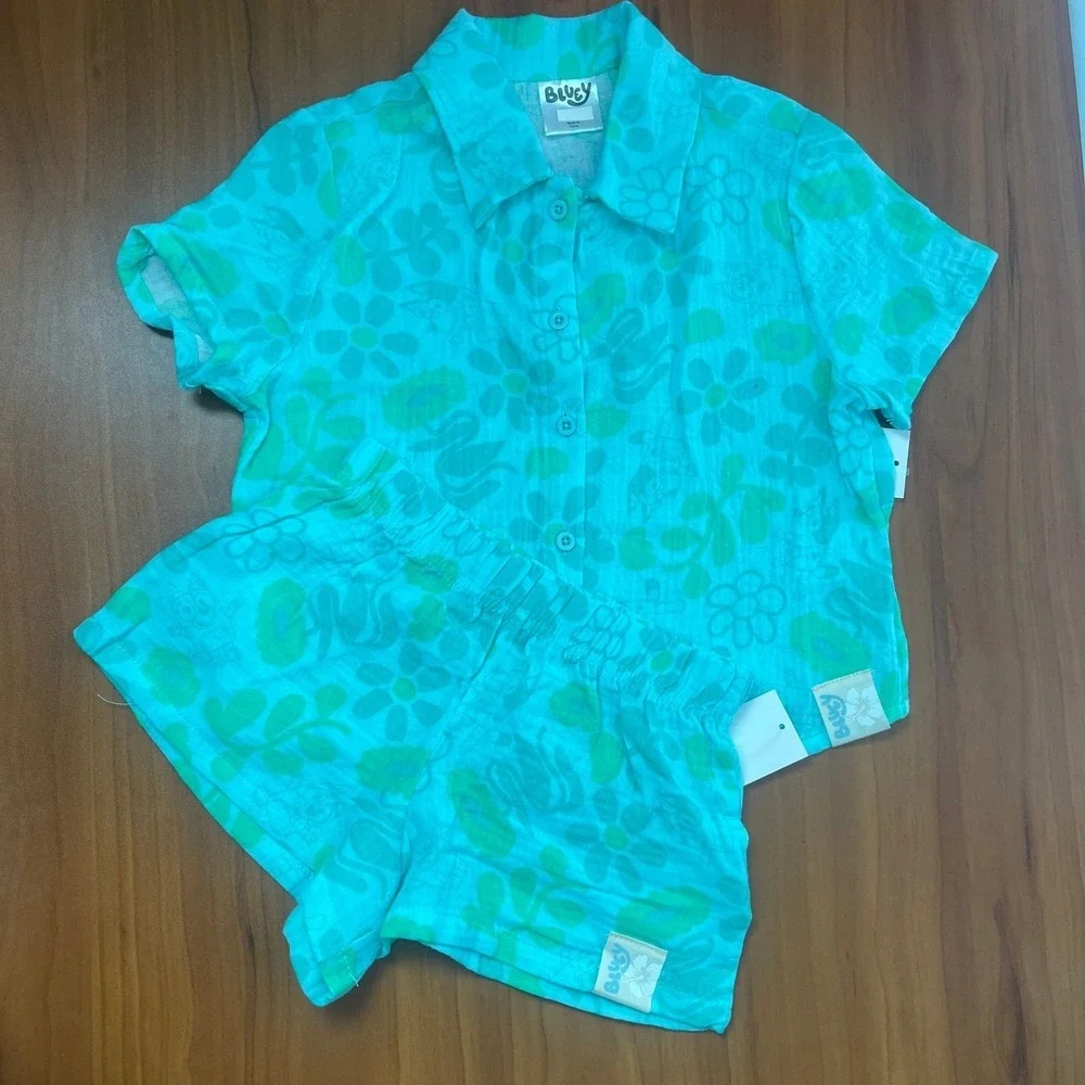 2-Sets Bluey and Moana Girls Cotton Gauze Shirt & Shorts Sets Cotton XL Size 14